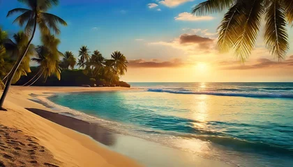 Gartenposter a stunningly realistic beach scene in 4k ultra hd with crystal clear turquoise waters golden sands and lush palm trees swaying in a gentle breeze sunset over the ocean © Makayla