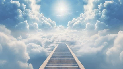 Tuinposter A ladder extending upward into the clouds, offering a metaphorical pathway to the sky. Suitable for illustrating aspirations, opportunities, and journeys to new heights © Fotograf