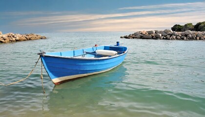 small blue boat at anchor