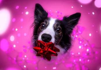 pies border collie z gwiazdką świąteczną w pysku  w bożonarodzeniowej scenerii w studio na fioletowym tle - 696514778
