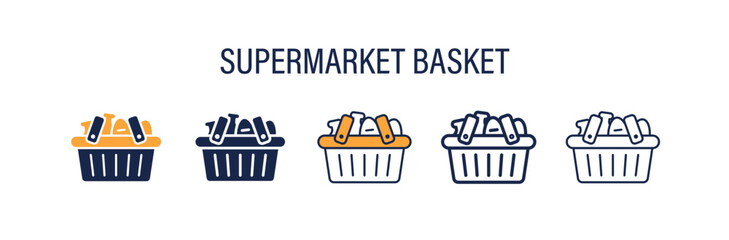 supermarket basket icon in different style vector illustration. two colored and black supermarket basket vector icons designed in filled, outline, line and stroke style can be used for web, mobile