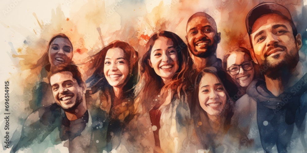 Aufkleber A painting depicting a group of people with joyful expressions. Perfect for adding a cheerful touch to any project