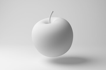 Obraz premium White apple floating in mid air on white background in monochrome and minimalism. Illustration of the concept of fruits and five-a-day