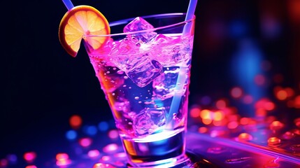 Cocktail in neon glow. A colorful drink for a night club