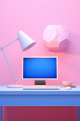 AI - A blue computer with accessories on the table in a pink interior