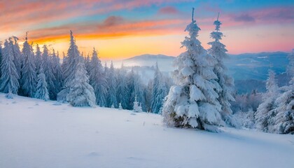 frosty winter scenery colorful sunrise in mountain forest fantastic winter landscape of carpathian mountains with fir trees covered fresh snow christmas postcard