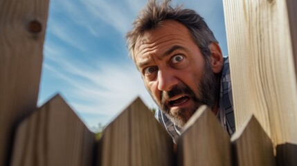 A man with a surprised expression looking over a fence. This image can be used to portray curiosity, astonishment, or unexpected discoveries