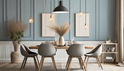 dining room in a scandinavian style with neutral decor and lamp above the table minimalist interior style generative ai
