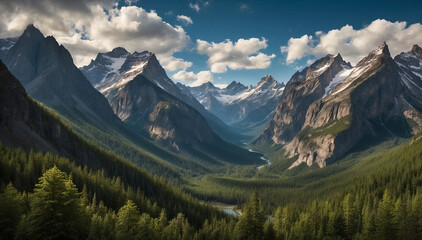 Obraz premium Landscape with a green valley among majestic snowy peaks. Aerial view.
