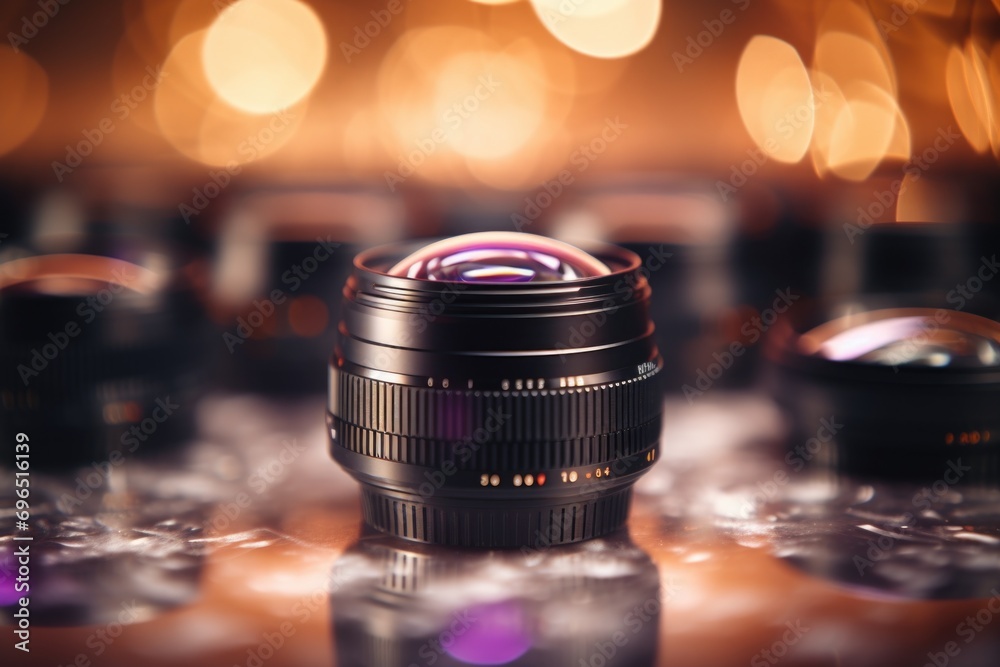 Aufkleber a detailed close-up shot of a camera lens placed on a table. ideal for photography enthusiasts and p
