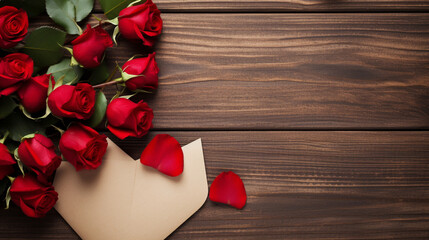 Red roses on a wooden background with a heartshaped envelope. Valentines day advertisement concept. Space for text