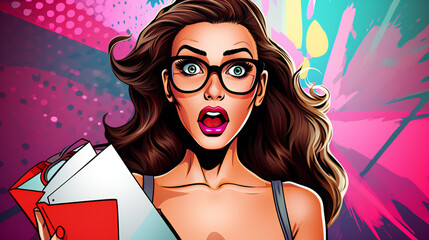 Amazed young sexy woman in glasses with shopping bags in comic style. Pop Art wow girl. Advertising poster with surprised female - obrazy, fototapety, plakaty