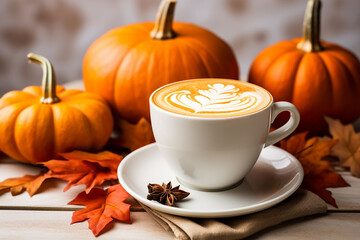 Pumpkin latte on a background of pumpkins. Halloween.