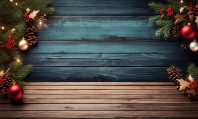 Fototapeta na wymiar Empty wooden table background - christmas theme 