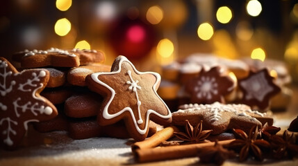 macro of delicious chocolate and ginger bread Christmas cookies with festive edible xmas decoration