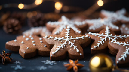 macro of delicious chocolate and ginger bread Christmas cookies with festive edible xmas decoration