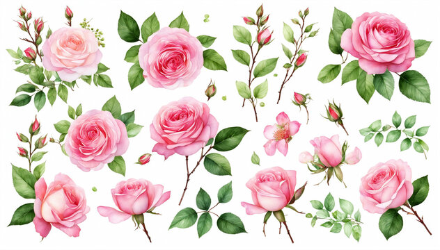 Watercolor Rose Arrangements and Botanical Illustrations Isolated on White Background