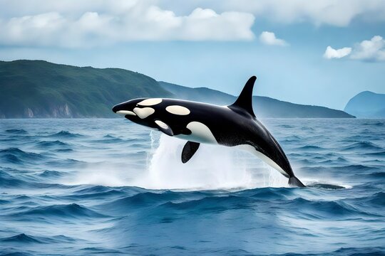 A magnificent orca breaching in the open ocean