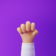 Cartoon hand showing fist or strength gesture isolated over purple background. 3d rendering.