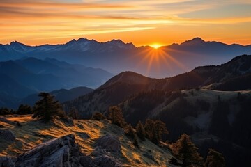 Breathtaking View With Peachyorange Sunset Over Peaks For Mountain Hiking