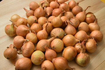 Flat lay of a bunch of small pearl type onions for cocktail or pickle