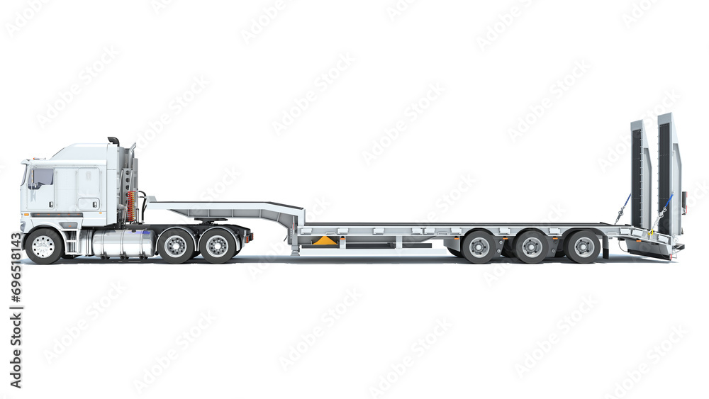 Sticker Truck with Lowboy Trailer 3D rendering on white background