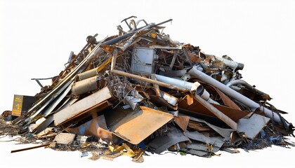 scrap metal heap at recycling junk yard png isolated on white background - obrazy, fototapety, plakaty