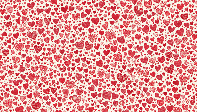 Set Of Trendy Hand-drawn Doodle Seamless Pattern With Hearts. Collection Of Valentines Day Backgrounds