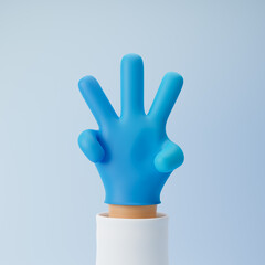 Doctor cartoon hand in medical glove showing three fingers counting isolated over blue background. 3d rendering.