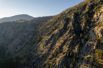 Aerial of Sawtooth Mountains in Idaho, USA.  Beautiful rugged mountain range in western United States.  Located near Stanley, Idaho with breathtaking alpine lake.