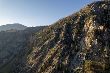 Aerial of Sawtooth Mountains in Idaho, USA.  Beautiful rugged mountain range in western United States.  Located near Stanley, Idaho with breathtaking alpine lake.
