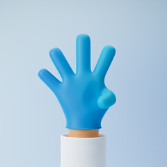 Obraz premium Doctor cartoon hand in medical glove showing four fingers counting isolated over blue background. 3d rendering.