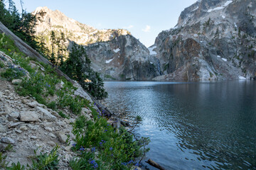 Goat Lake in Sawtooth Mountains in Idaho, USA.  Beautiful rugged mountain range in western United States.  Located near Stanley, Idaho with breathtaking alpine lake.