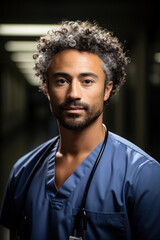 Fototapeta premium Closeup portrait of a doctor in blue special clothes with a stethoscope around his neck on a blurred background of a modern clinic, vertical portrait of a specialist on World Health Day