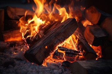 A pile of wood sitting next to a fire. This image can be used to depict warmth, coziness, camping, bonfires, or heating
