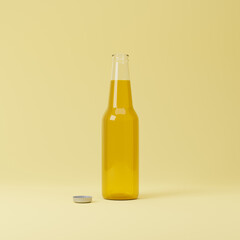 Open beer bottle isolated over yellow background. Mockup template. 3d rendering.