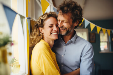 Fototapeta premium Romantic couple in home interior, celebrating love and togetherness, sharing a tender kiss in the warm summer.