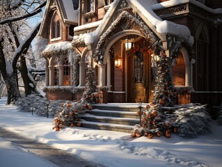 Fototapeta premium Front door in winter with seasonal wreath, surrounded by snow