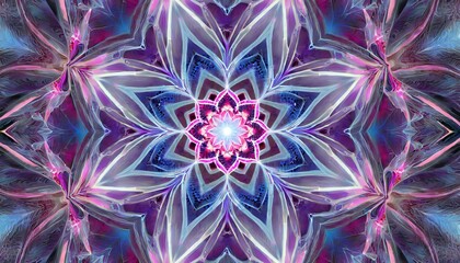 centre point pulse in blue and pink a digital fractal work with a 24 point geometric star flower design in blue pink white and violet