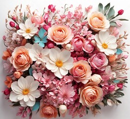 A beautiful bouquet of fresh flowers on a white background, top view