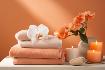 Obraz na płótnie Canvas Luxurious Spa Day: Peachy-Orange Theme With Towels And Treatments