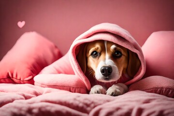 A cute dog, cozily adorned in a soft pink hoodie,  comfortably on a bed of plush red pillows.