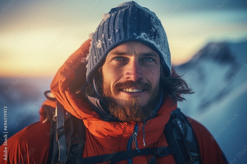 Poster A man with a beard wearing a red jacket and a hat. Suitable for various uses