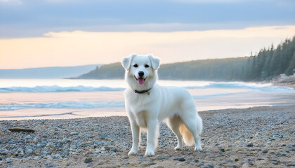 Obraz na płótnie Canvas White dog on shore