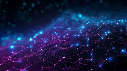 3D network structure, dense grid of points and connecting lines, data technology theme, glowing purple and cyan, digital matrix-like background