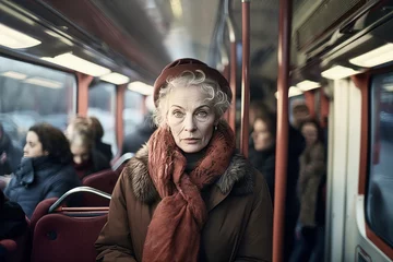 Foto op Plexiglas Alte Dame fährt im Autobus, sie ist ein wenig ängstlich © Starpics