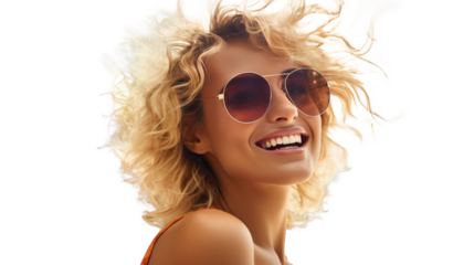 blonde happy smiling young woman with sunglasses isolated