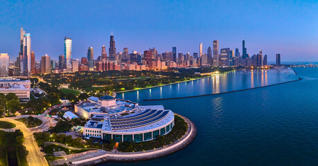 Aerial Chicago Skyline at Dusk with Lake Michigan and Shedd Aquarium Panorama