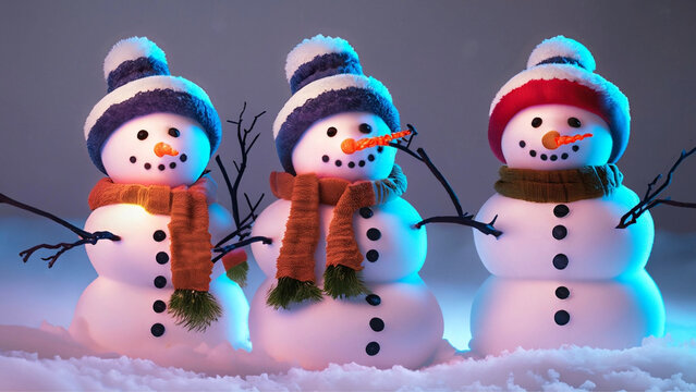 Tr&ecirc;s bonecos de neve com touca e cachecol em uma noite gelada de inverno.