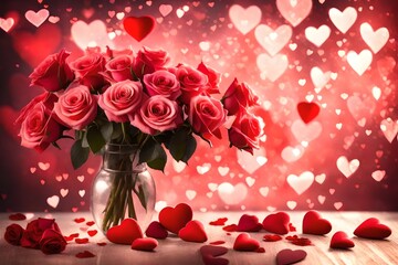 A captivating Valentine's Day composition featuring a bouquet of roses and hearts 